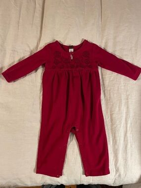 Tea Collection Baby One-Piece Romper in Rich Red Color with Tonal Embroidery